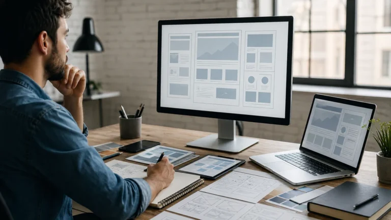 Image réaliste d’un webdesigner travaillant sur des maquettes de site web dans un espace de travail moderne.