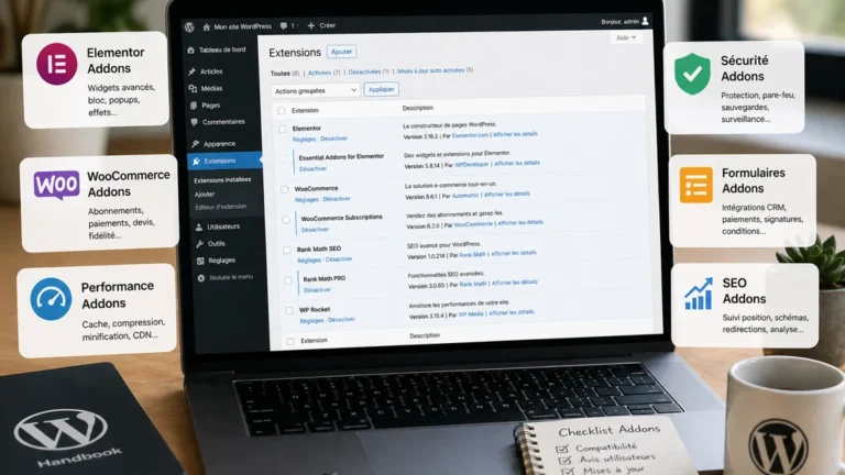 Interface WordPress affichant la gestion des extensions et addons sur un ordinateur portable dans un bureau moderne.