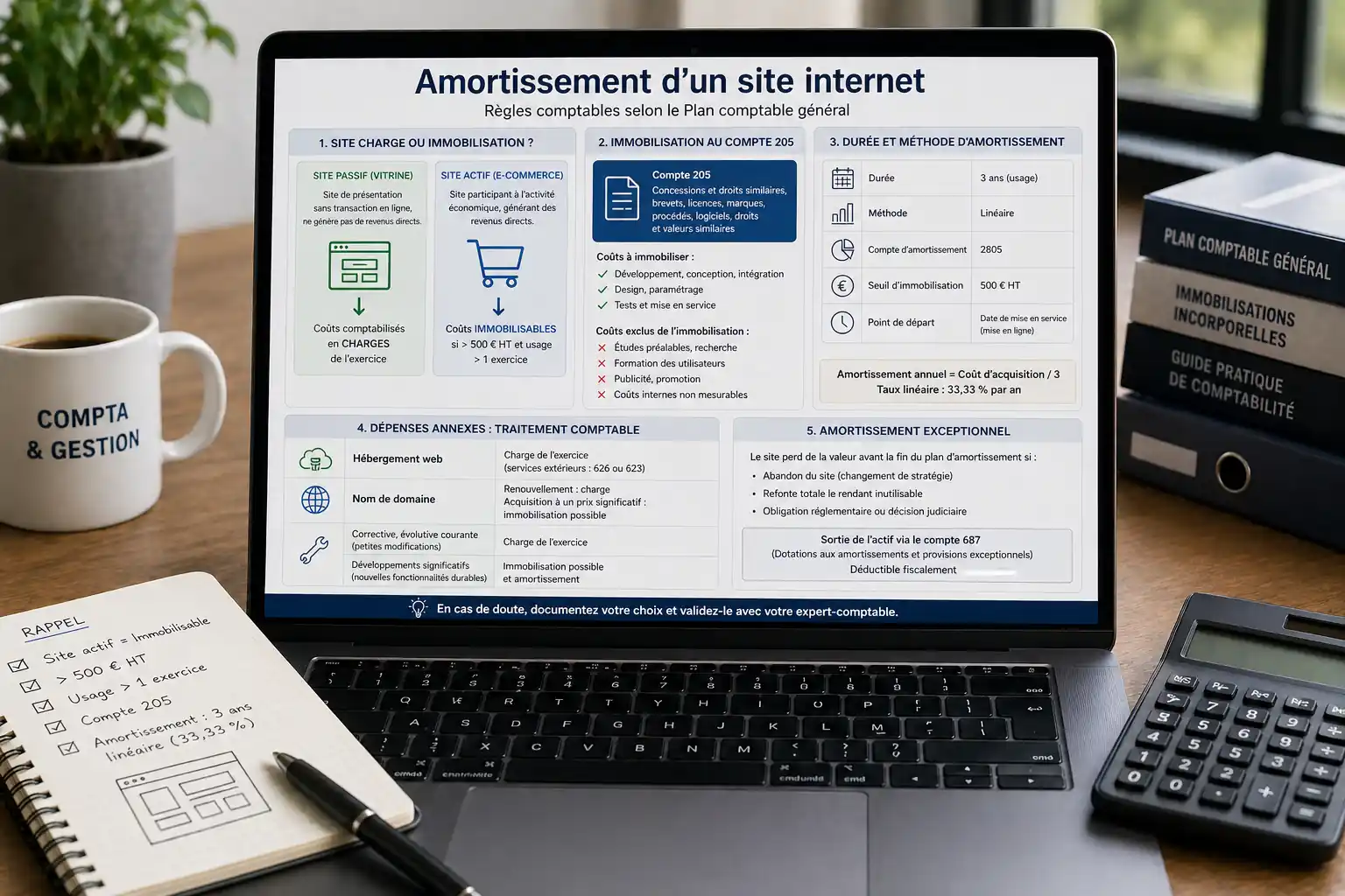 Photo réaliste d’un ordinateur affichant un guide sur l’amortissement d’un site internet avec calculatrice, carnet et documents comptables.