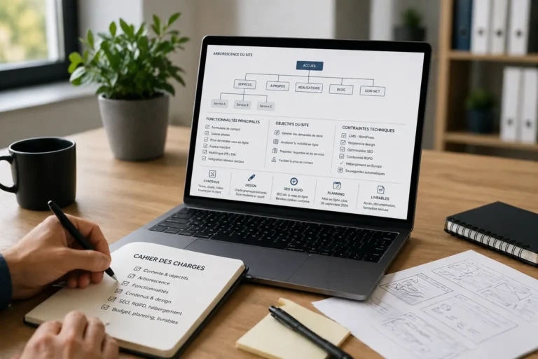 Photo réaliste d’un cahier des charges de site internet en cours de rédaction sur un bureau avec ordinateur portable affichant l’arborescence et les fonctionnalités d’un site web.