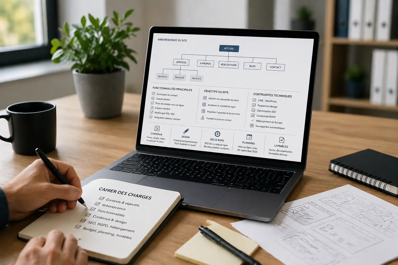 Photo réaliste d’un cahier des charges de site internet en cours de rédaction sur un bureau avec ordinateur portable affichant l’arborescence et les fonctionnalités d’un site web.