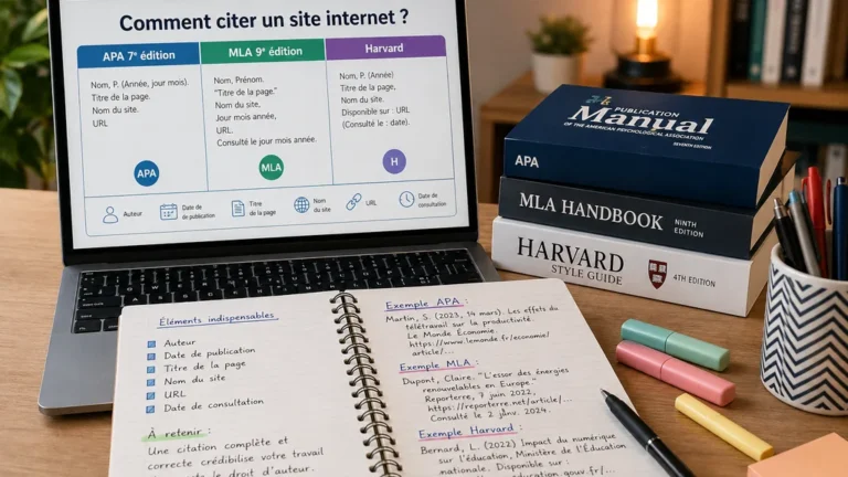 Bureau d’étude avec ordinateur et guides académiques illustrant comment citer un site internet correctement