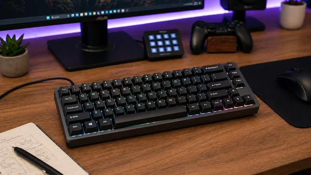 Clavier mécanique 65 % compact sur un bureau gaming moderne avec souris et écran