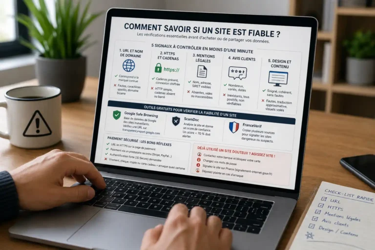 Photo réaliste d’un ordinateur affichant une checklist de sécurité pour vérifier si un site internet est fiable.