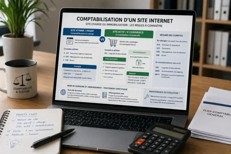 Photo réaliste d’un ordinateur affichant un schéma de comptabilisation d’un site internet entre charge et immobilisation sur un bureau avec calculatrice et documents comptables.