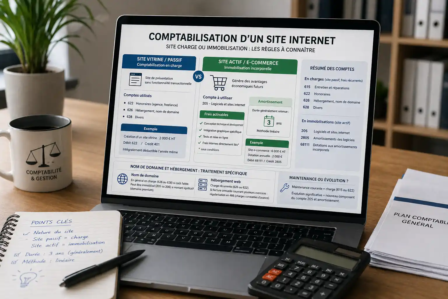 Photo réaliste d’un ordinateur affichant un schéma de comptabilisation d’un site internet entre charge et immobilisation sur un bureau avec calculatrice et documents comptables.
