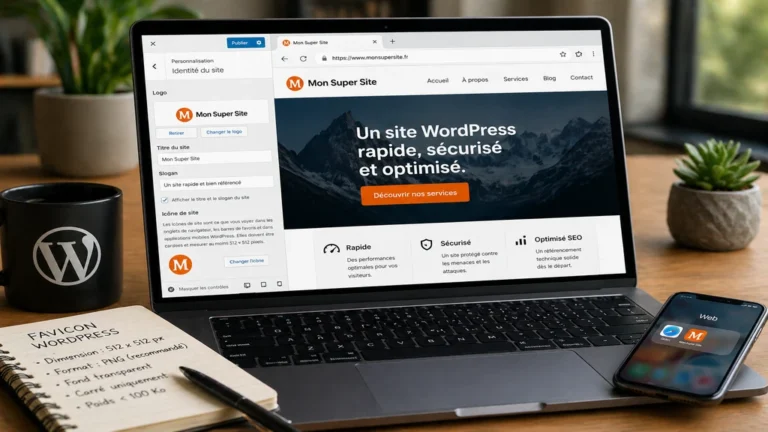 Personne configurant la favicon d’un site WordPress depuis l’interface de personnalisation sur un ordinateur portable.
