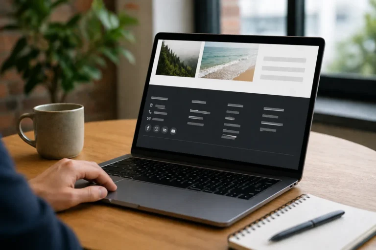 Photo réaliste d’un ordinateur affichant le footer d’un site internet sur un bureau moderne avec carnet et tasse.