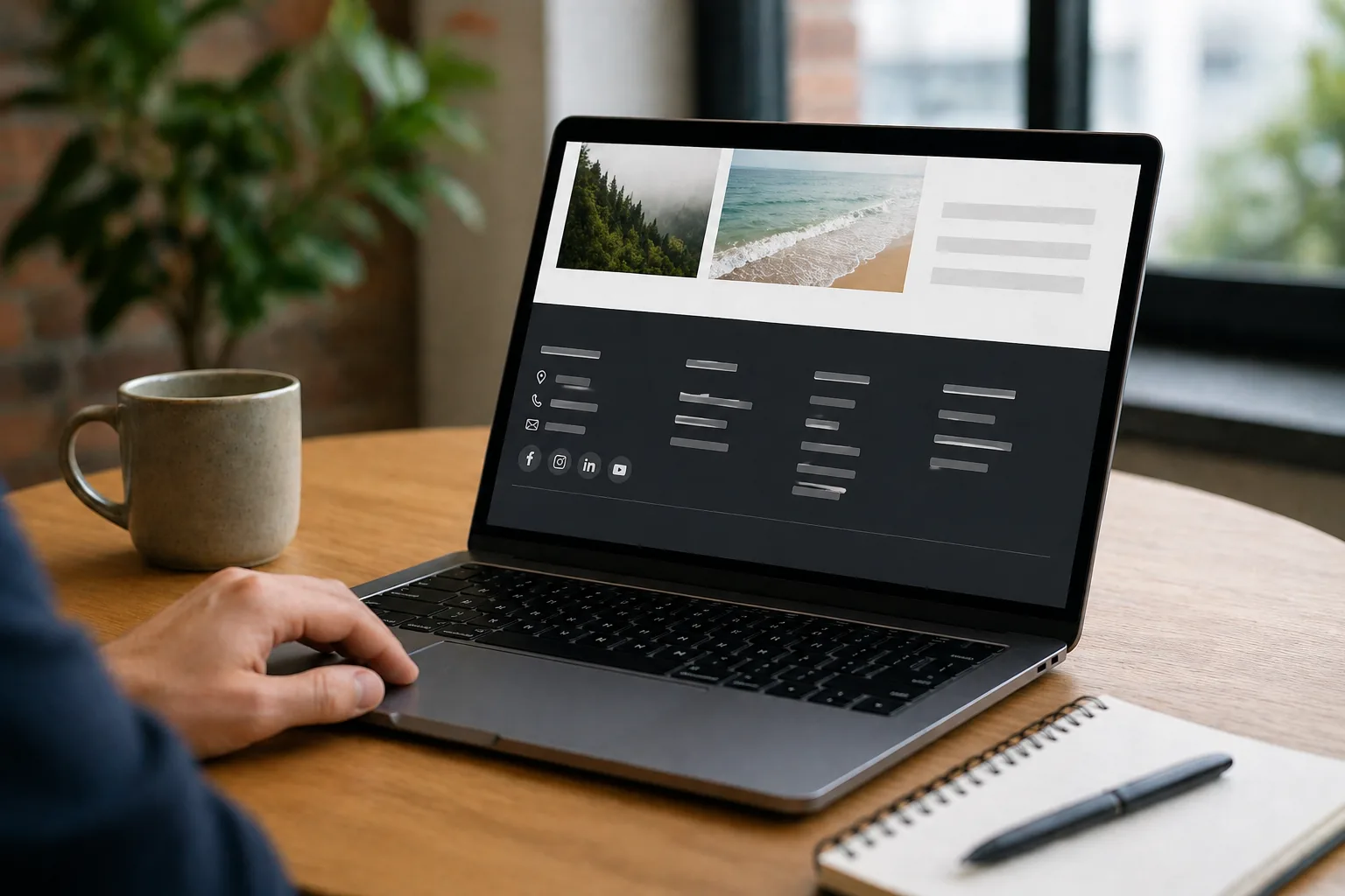 Photo réaliste d’un ordinateur affichant le footer d’un site internet sur un bureau moderne avec carnet et tasse.