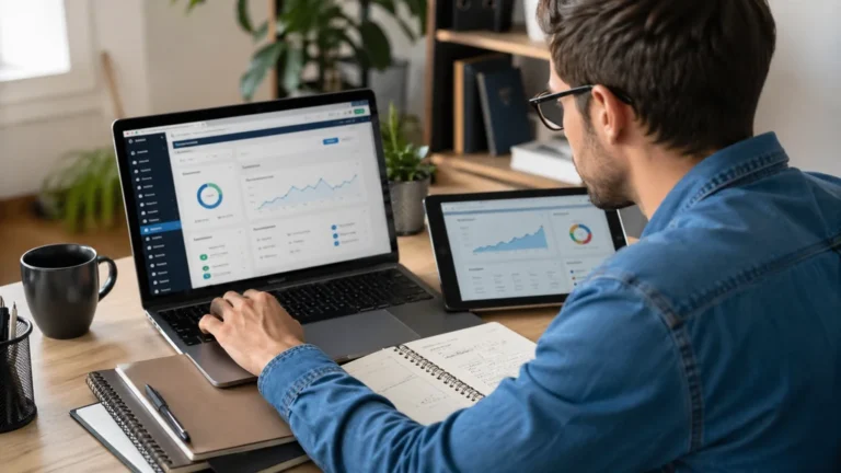 Personne travaillant sur le SEO d’un site WordPress devant un ordinateur avec tableaux de bord d’analyse et carnet de notes.