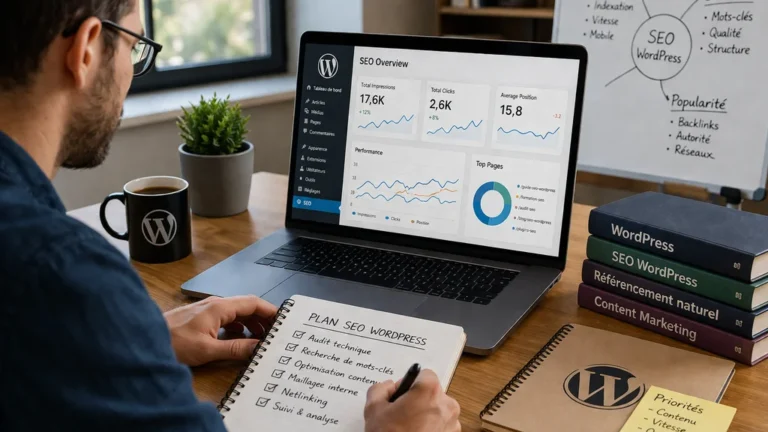 Professionnel analysant les performances SEO d’un site WordPress sur ordinateur avec tableau de bord, carnet de notes et espace de travail moderne.