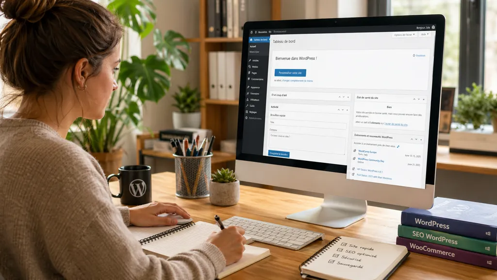 Personne suivant une formation WordPress depuis un bureau moderne avec ordinateur, carnet de notes et tableau de bord de site web.