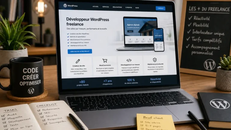Espace de travail d’un freelance WordPress avec ordinateur portable affichant un site professionnel en cours de création.