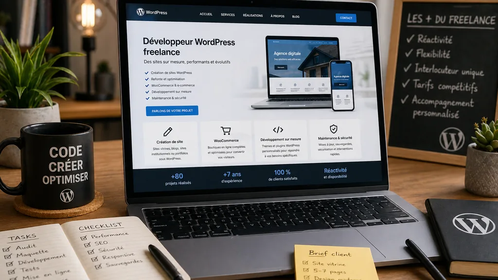 Espace de travail d’un freelance WordPress avec ordinateur portable affichant un site professionnel en cours de création.