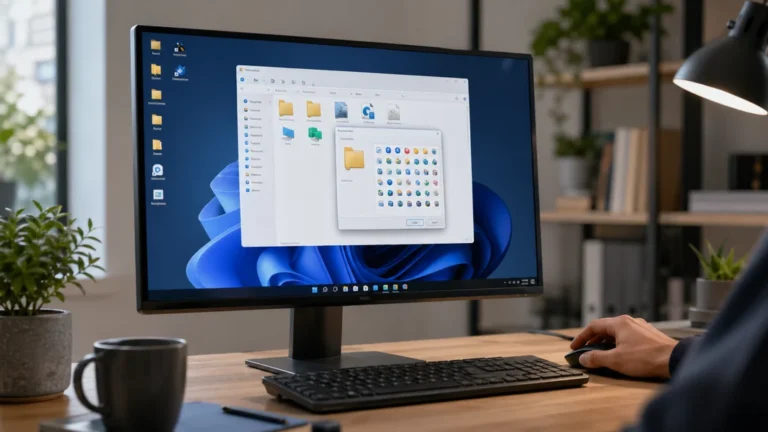 Personnalisation d’icônes Windows sur un ordinateur avec dossiers et raccourcis affichés à l’écran