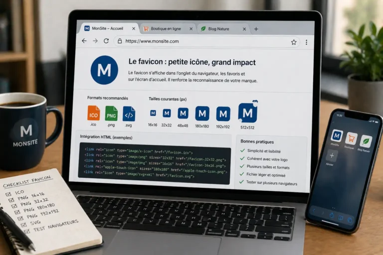 Photo réaliste d’un ordinateur affichant la création d’un favicon sur un site internet avec smartphone et carnet sur un bureau moderne.