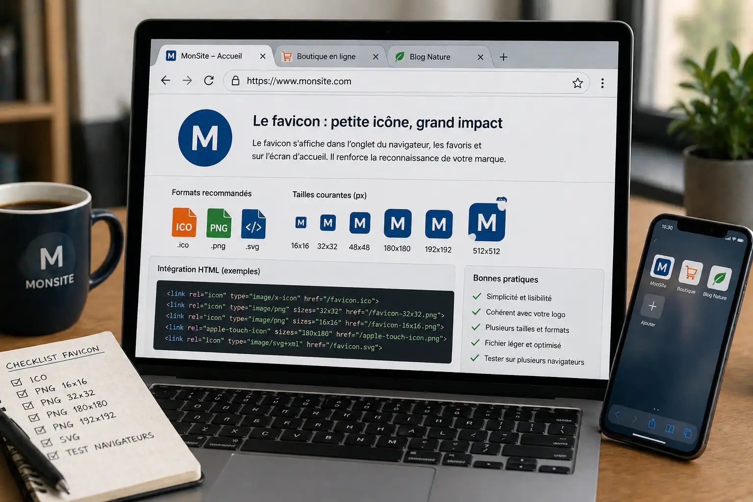 Photo réaliste d’un ordinateur affichant la création d’un favicon sur un site internet avec smartphone et carnet sur un bureau moderne.