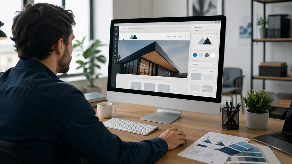 Personne travaillant sur la personnalisation du logo d’un site WordPress depuis un ordinateur de bureau dans un espace de travail moderne.