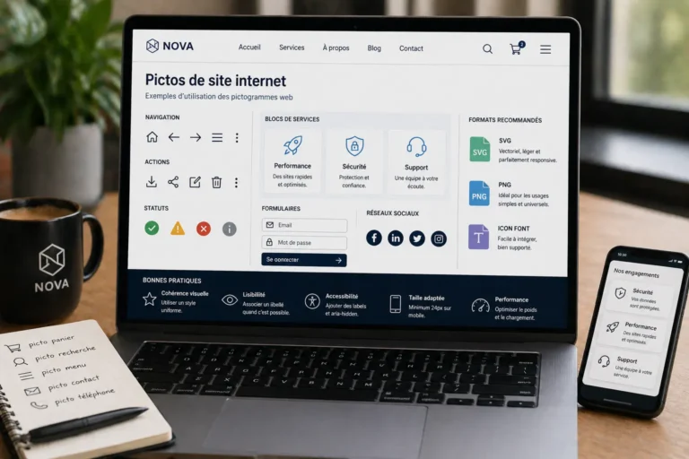 Photo réaliste d’un ordinateur affichant des pictogrammes web utilisés dans une interface de site internet sur un bureau moderne.