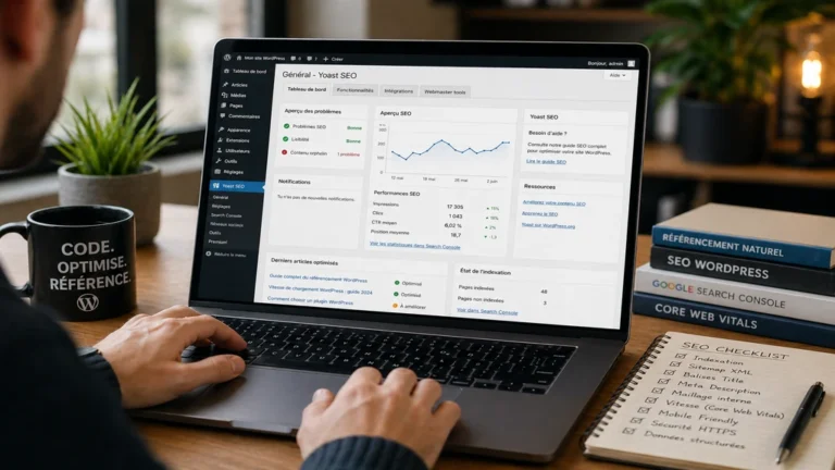 Personne optimisant le référencement WordPress depuis un tableau de bord SEO affiché sur un ordinateur portable.