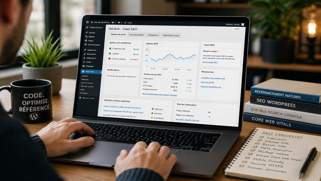 Personne optimisant le référencement WordPress depuis un tableau de bord SEO affiché sur un ordinateur portable.
