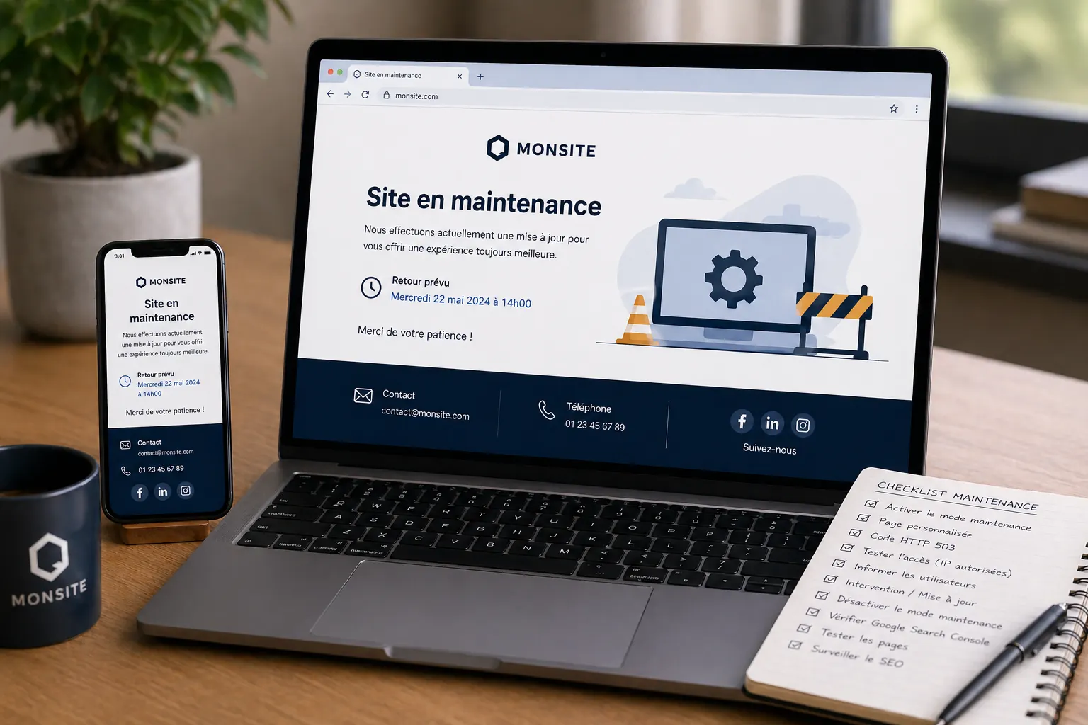 Photo réaliste d’un ordinateur affichant une page de site internet en maintenance sur un bureau avec smartphone et carnet.