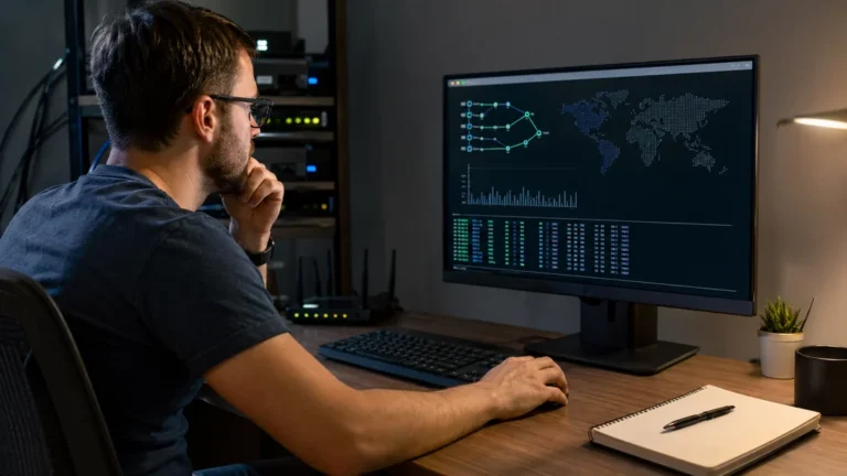 Administrateur réseau analysant un traceroute sous Linux sur un poste de travail informatique