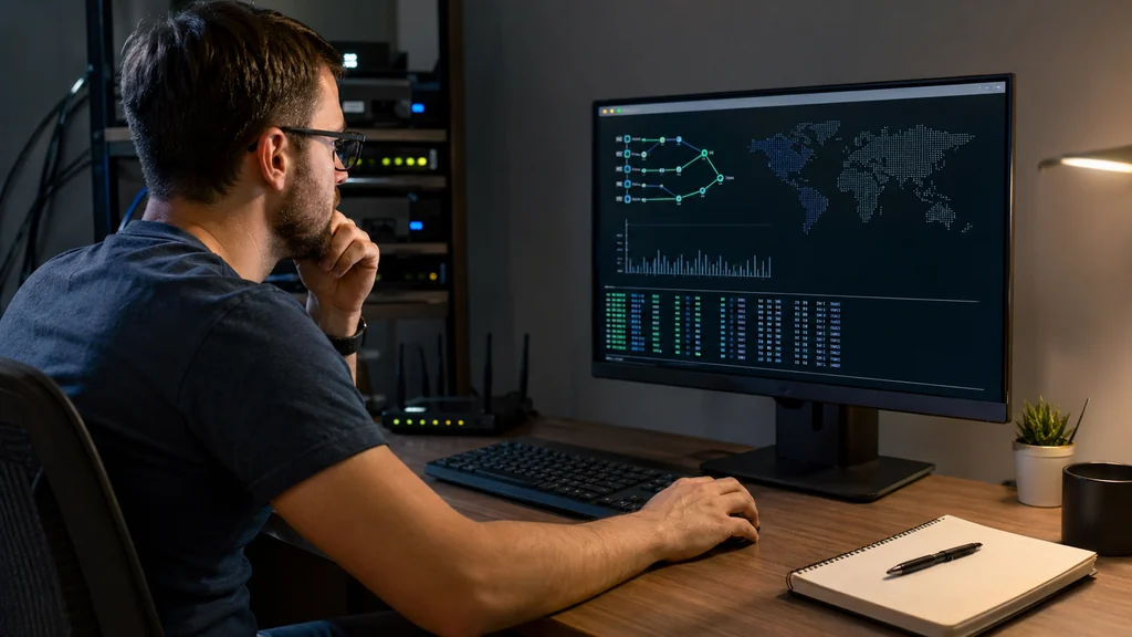 Administrateur réseau analysant un traceroute sous Linux sur un poste de travail informatique