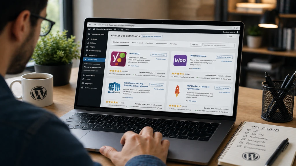 Personne installant des plugins WordPress depuis le tableau de bord d’un site sur un ordinateur portable.