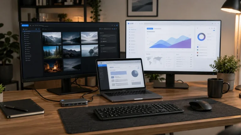 Ordinateur portable relié à deux écrans externes pour configurer un bureau étendu Windows sur un poste de travail moderne