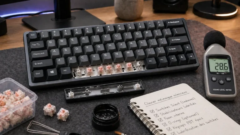 Clavier mécanique silencieux en cours de modification avec switches, outils et sonomètre sur un bureau moderne