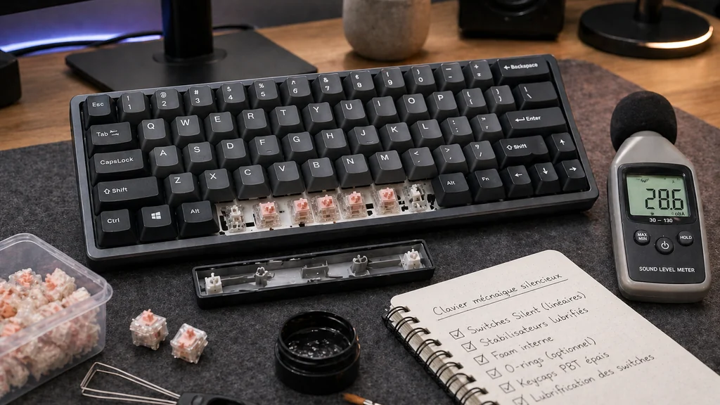 Clavier mécanique silencieux en cours de modification avec switches, outils et sonomètre sur un bureau moderne