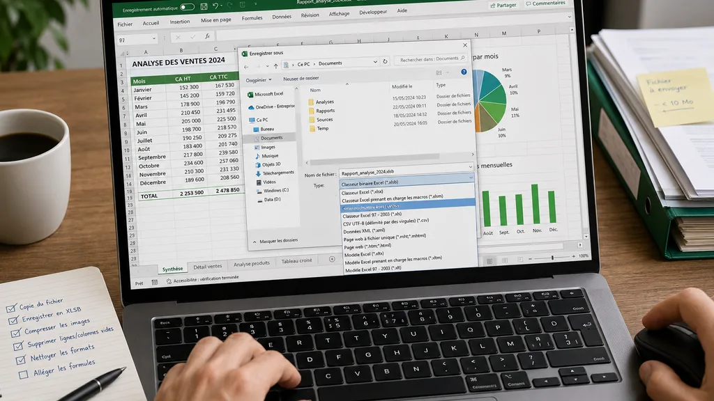 Réduction de la taille d’un fichier Excel avec enregistrement en XLSB et optimisation du classeur.