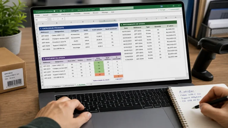 Gestion de stock Excel avec tableau de suivi, alertes visuelles et inventaire de produits sur ordinateur.