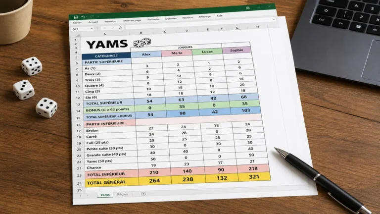 Grille Yams Excel imprimée avec scores automatiques, dés et stylo sur une table.