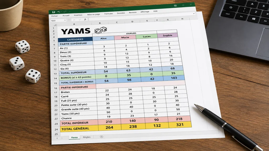 Grille Yams Excel imprimée avec scores automatiques, dés et stylo sur une table.