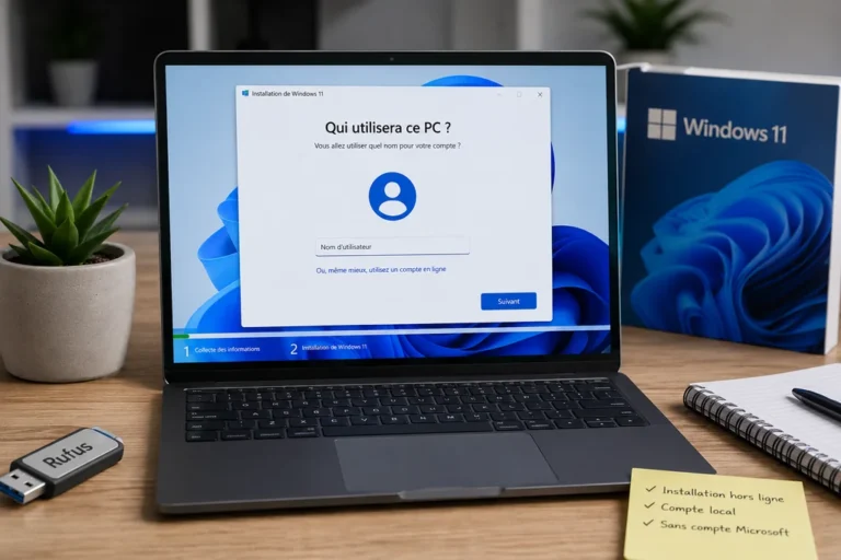 Ordinateur portable affichant l’installation hors ligne de Windows 11 avec une clé USB Rufus sur un bureau moderne