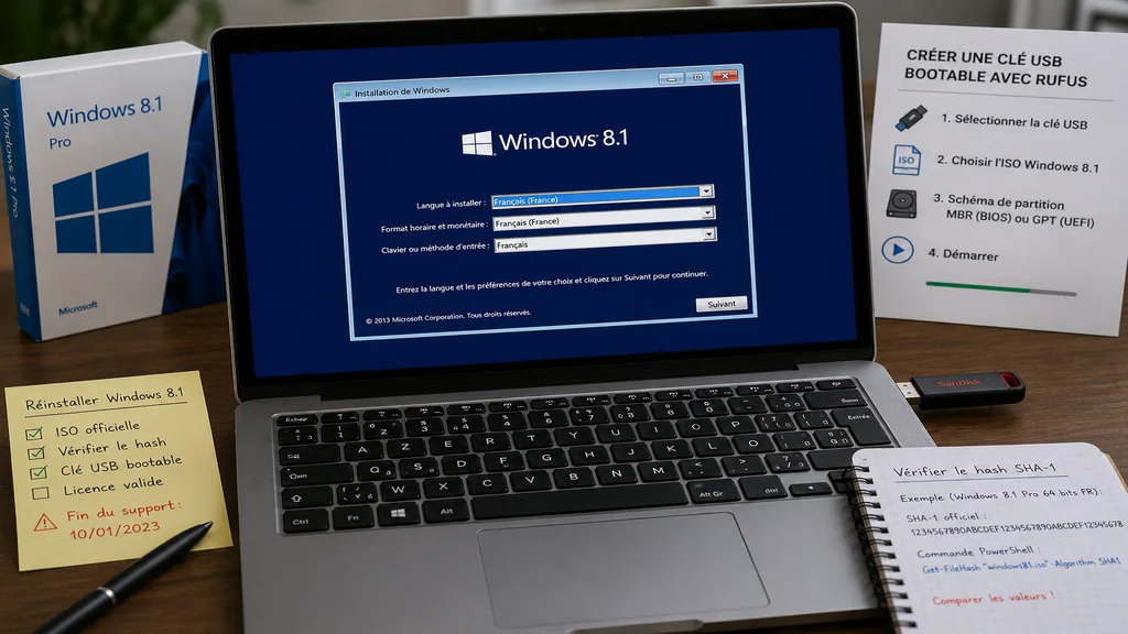 Création d’une clé USB bootable à partir d’une image ISO Windows 8.1 vérifiée.