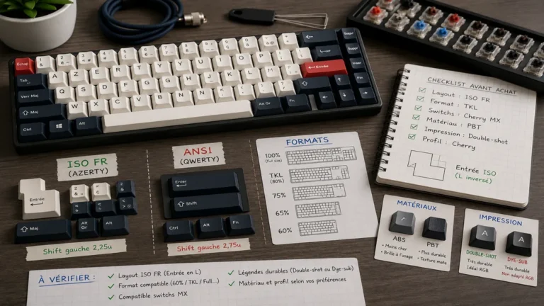 Clavier mécanique AZERTY avec keycaps ISO FR, switchs et accessoires de personnalisation sur un bureau