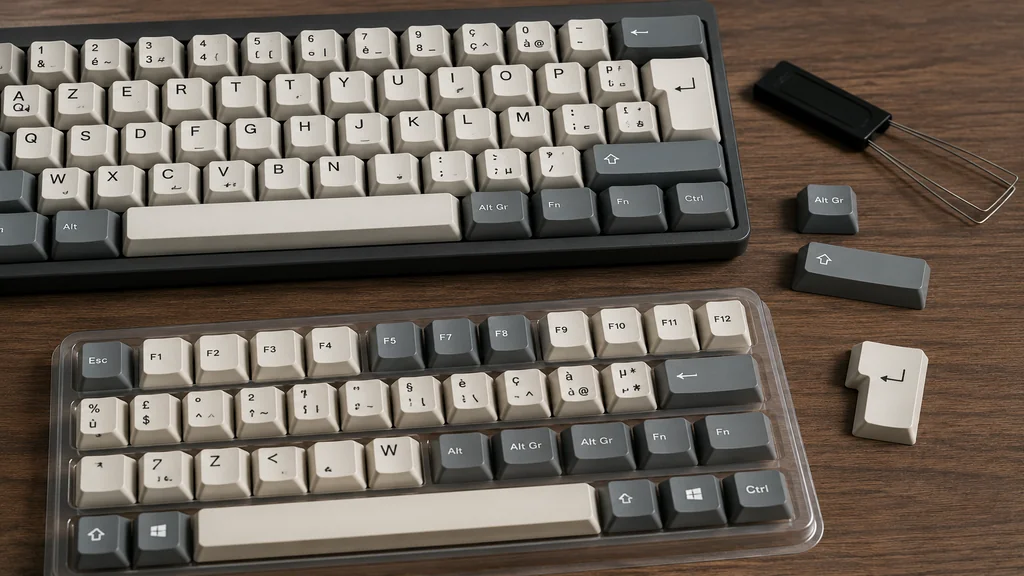 Set de keycaps ISO FR AZERTY pour clavier mécanique avec touches de remplacement et extracteur.