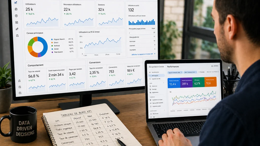 Analyse des KPI d’un site internet sur un tableau de bord analytics avec trafic, conversion et SEO