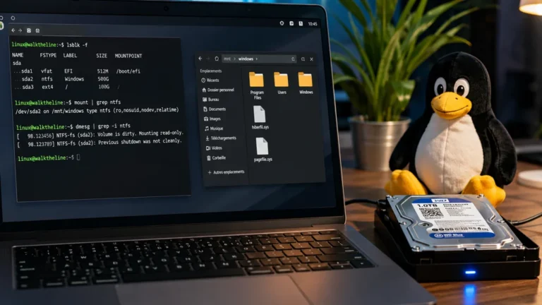 Disque NTFS monté en lecture seule sous Linux avec diagnostic de partition Windows verrouillée.