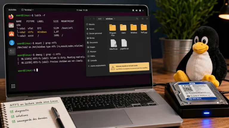 Disque NTFS en lecture seule sous Linux avec terminal de diagnostic et disque externe Windows verrouillé.