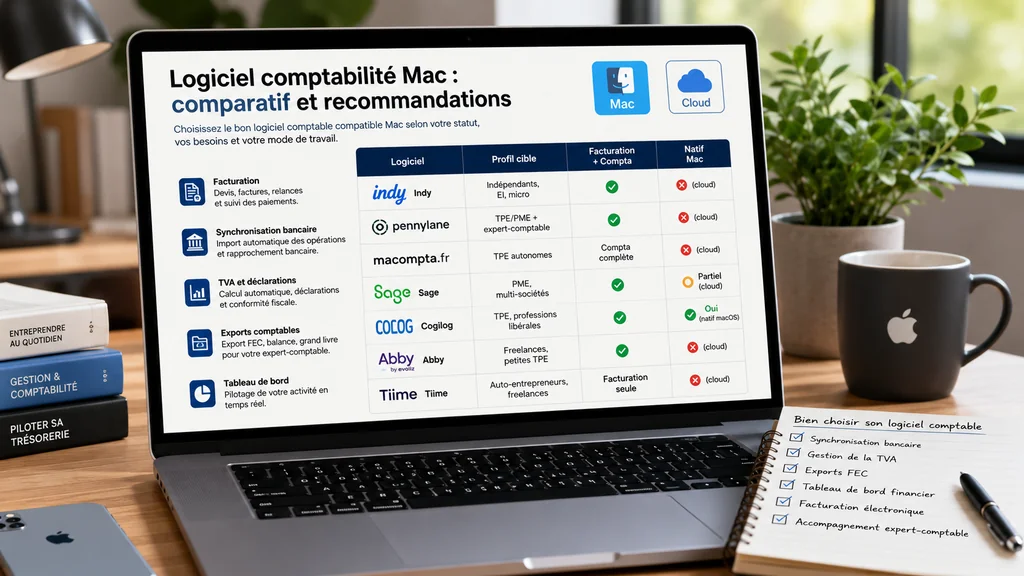 Comparatif de logiciels de comptabilité Mac affiché sur un ordinateur portable dans un bureau professionnel.