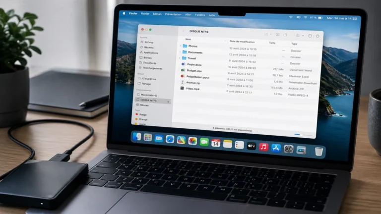 Disque dur externe NTFS connecté à un MacBook affichant les fichiers du volume dans Finder