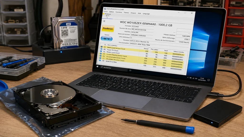 Diagnostic d’un disque dur défaillant sur un ordinateur avec outils de réparation dans un atelier informatique