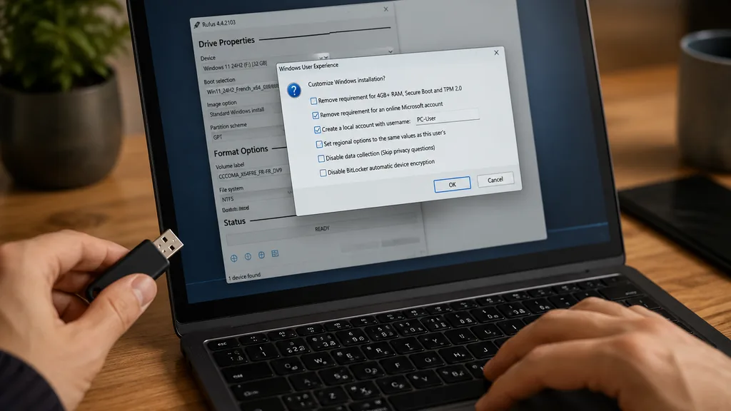 Création d’une clé USB bootable Windows 11 avec Rufus et options d’expérience utilisateur Windows.