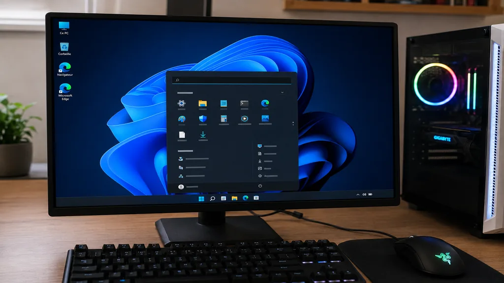 Ordinateur de bureau avec Windows allégé et interface épurée dans un setup moderne.