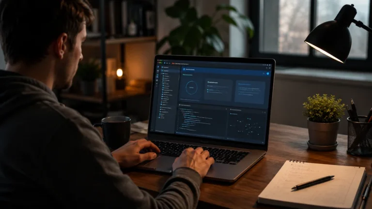 Développeur consultant une interface locale localhost 127.0.0.1 sur ordinateur portable dans un bureau sombre