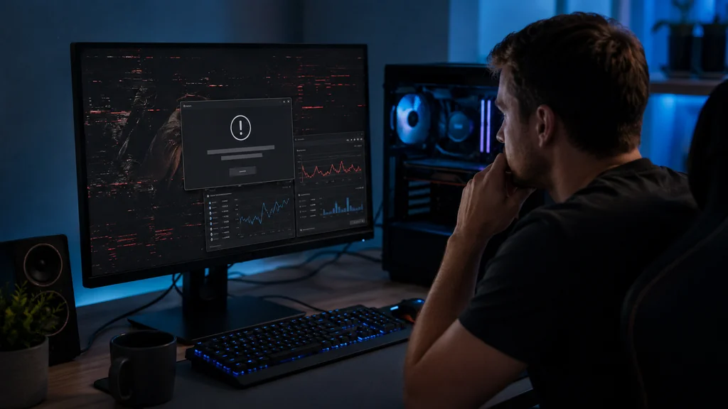 Utilisateur confronté à une erreur de pilote AMD sur un PC gaming avec écran noir et outils de surveillance graphique